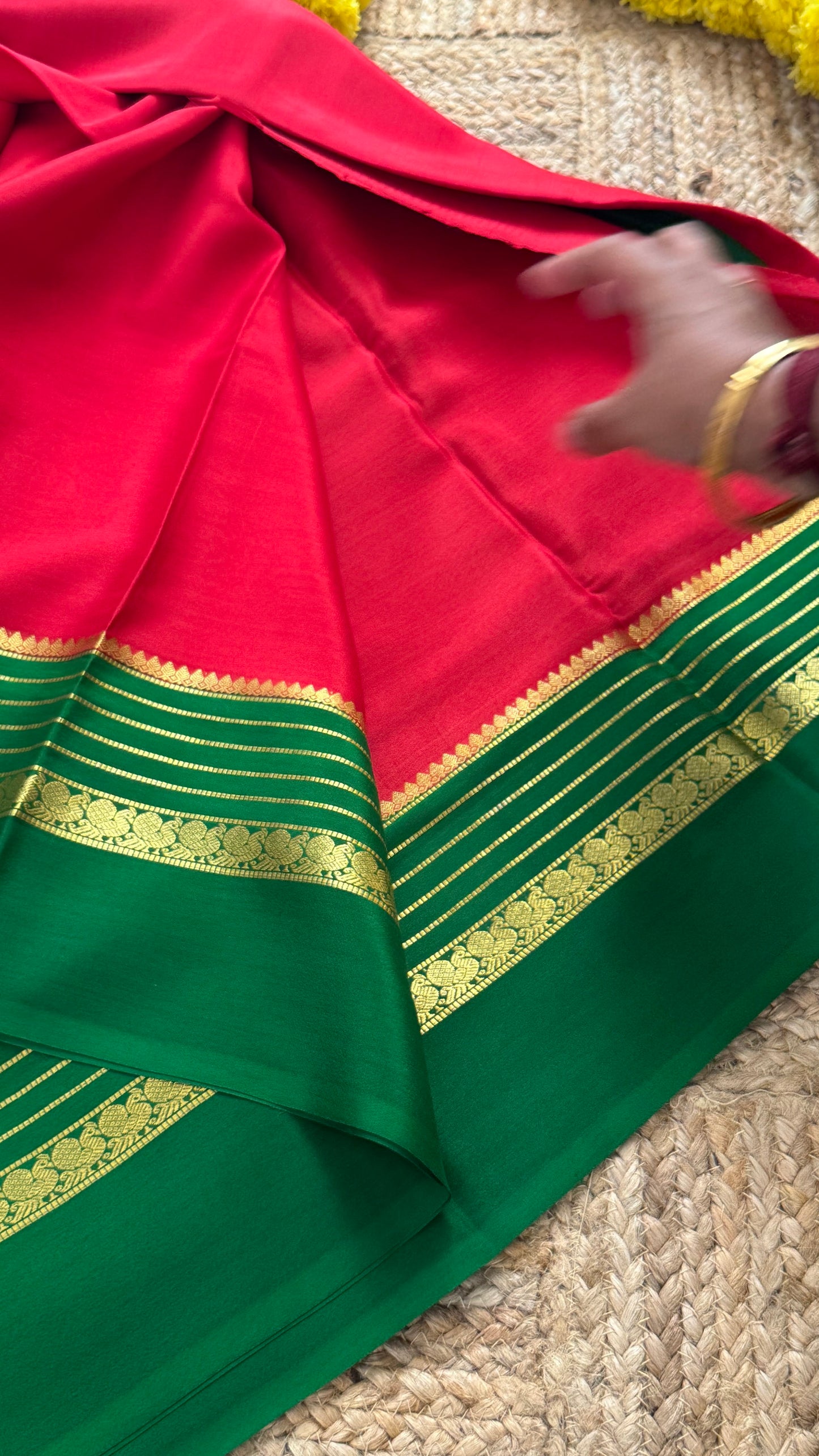Mysore Silk Saree - Red and Green Peacock Boarder