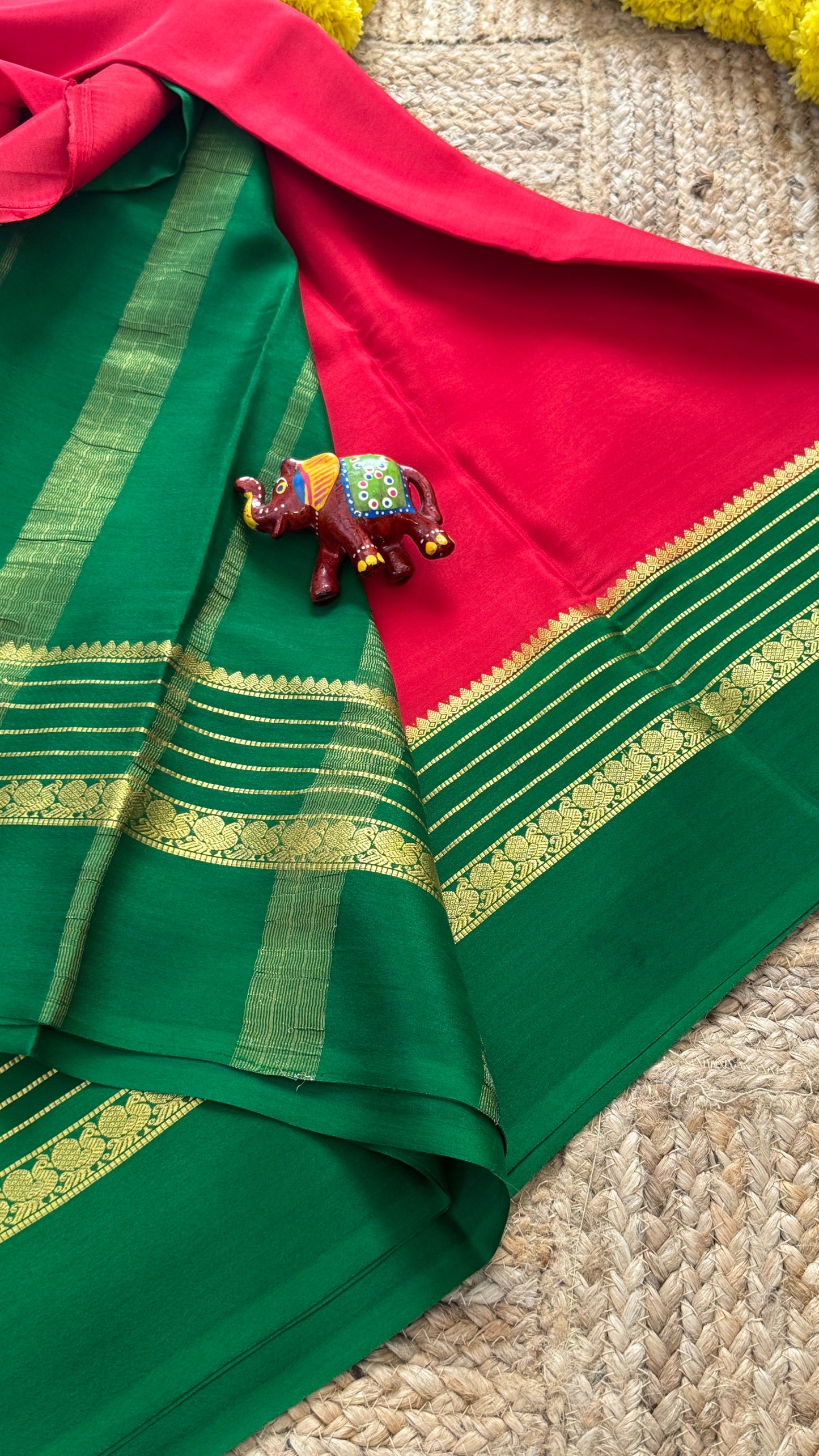 Mysore Silk Saree - Red and Green Peacock Boarder