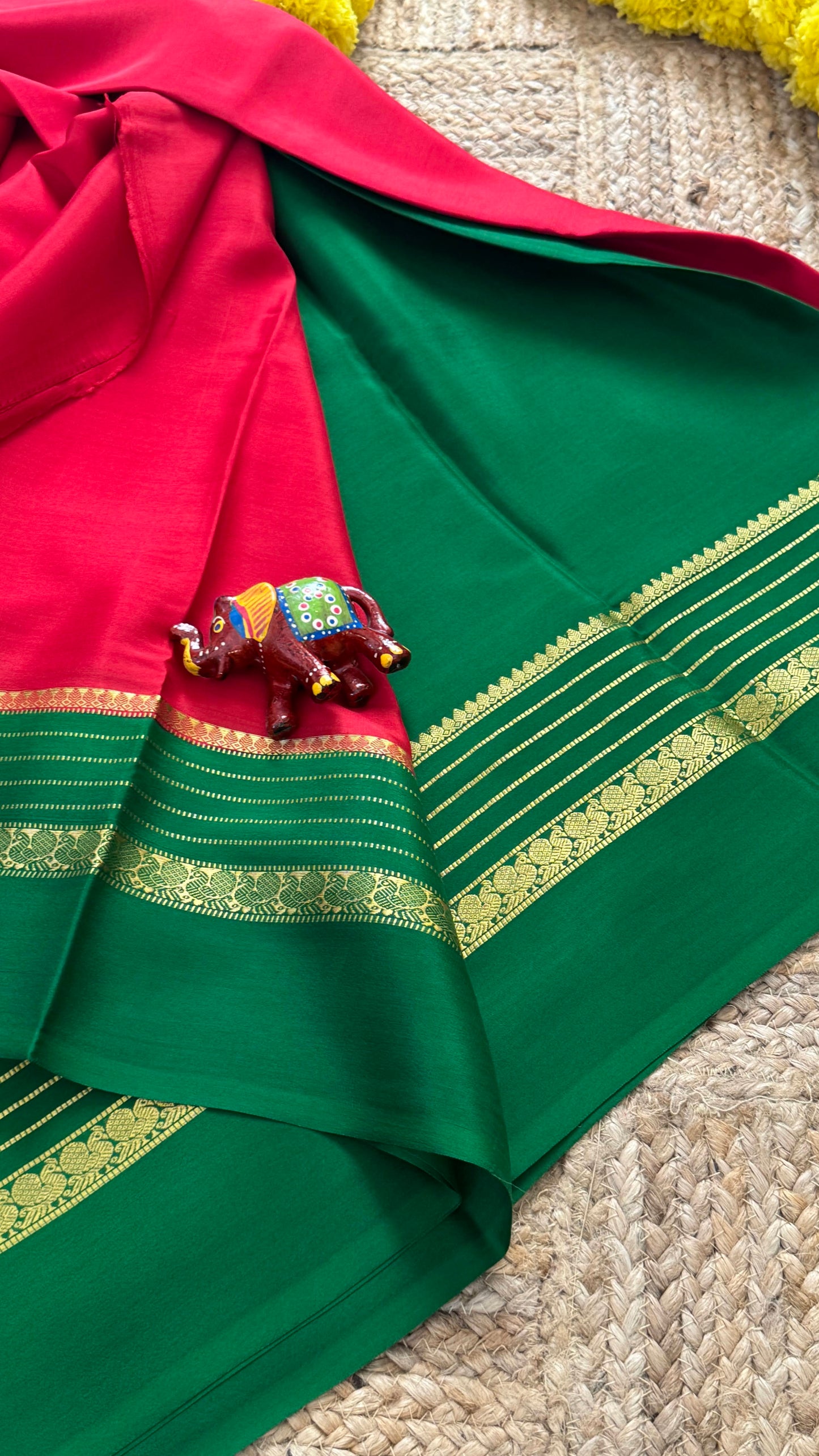Mysore Silk Saree - Red and Green Peacock Boarder