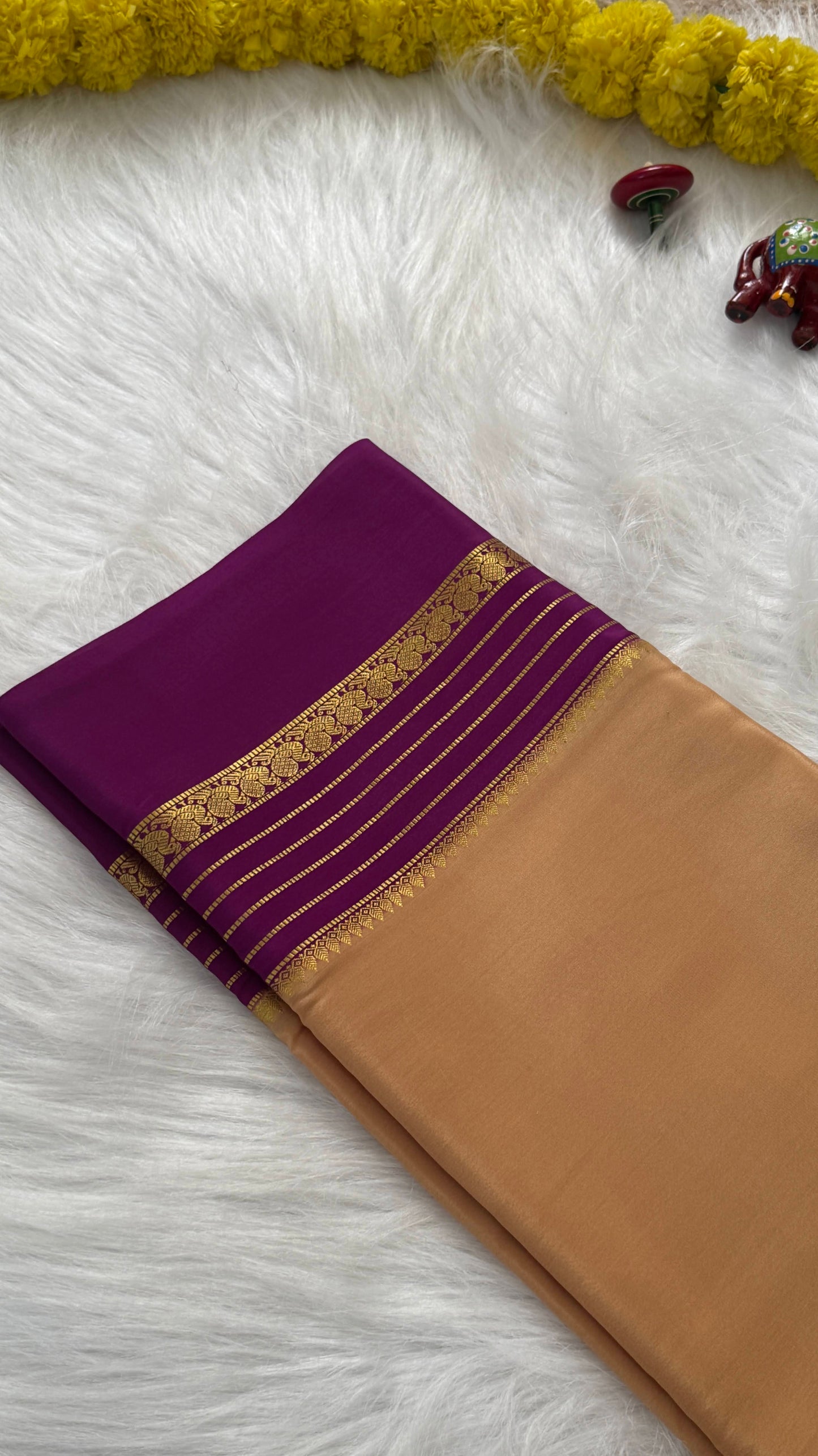 Mysore Silk Saree - Beige and Purple Peacock Boarder