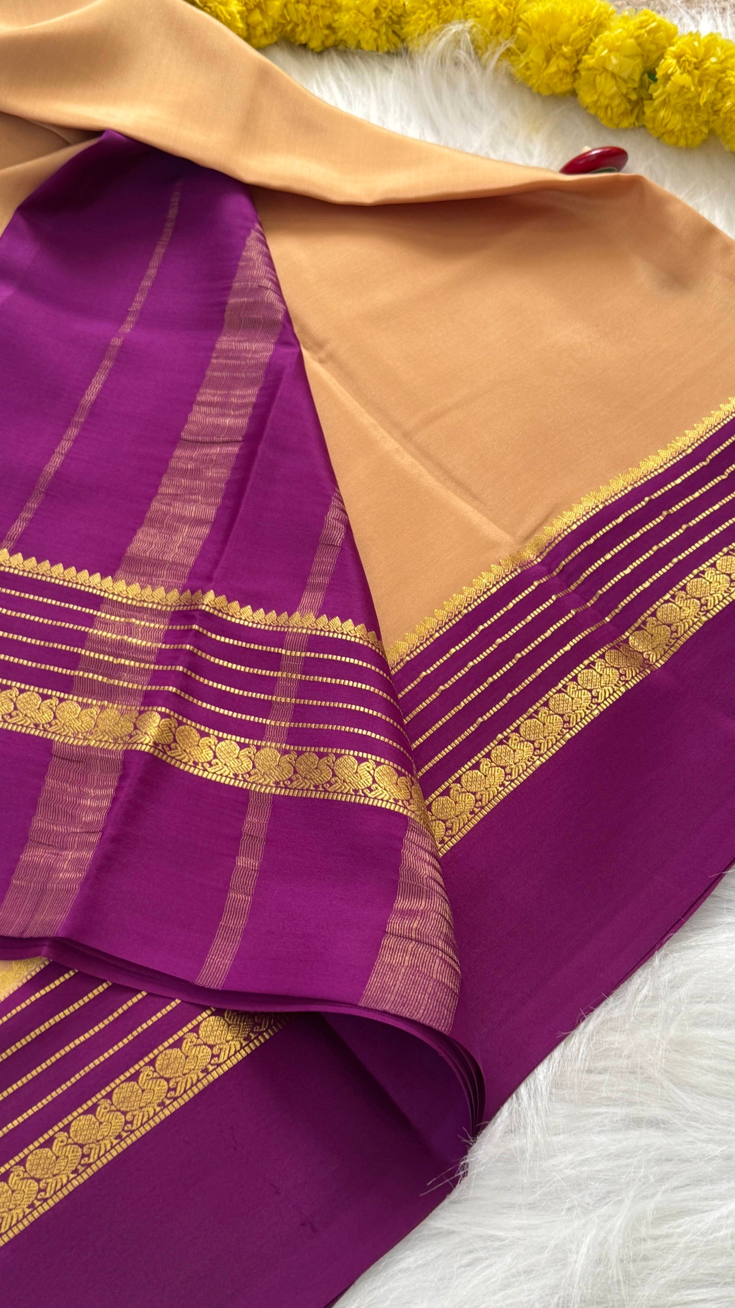 Mysore Silk Saree - Beige and Purple Peacock Boarder