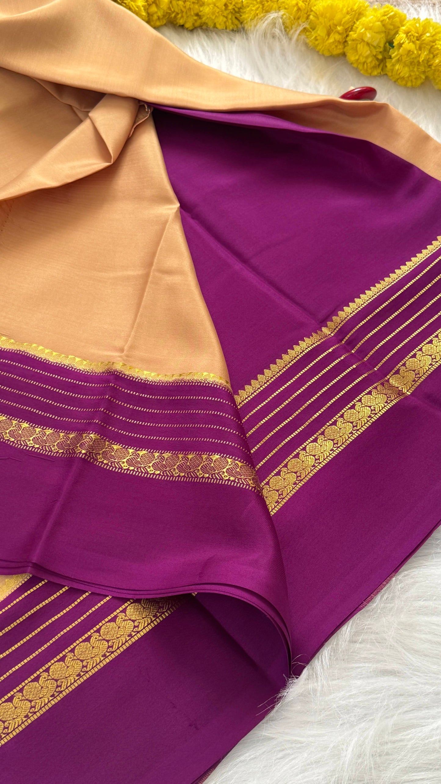 Mysore Silk Saree - Beige and Purple Peacock Boarder