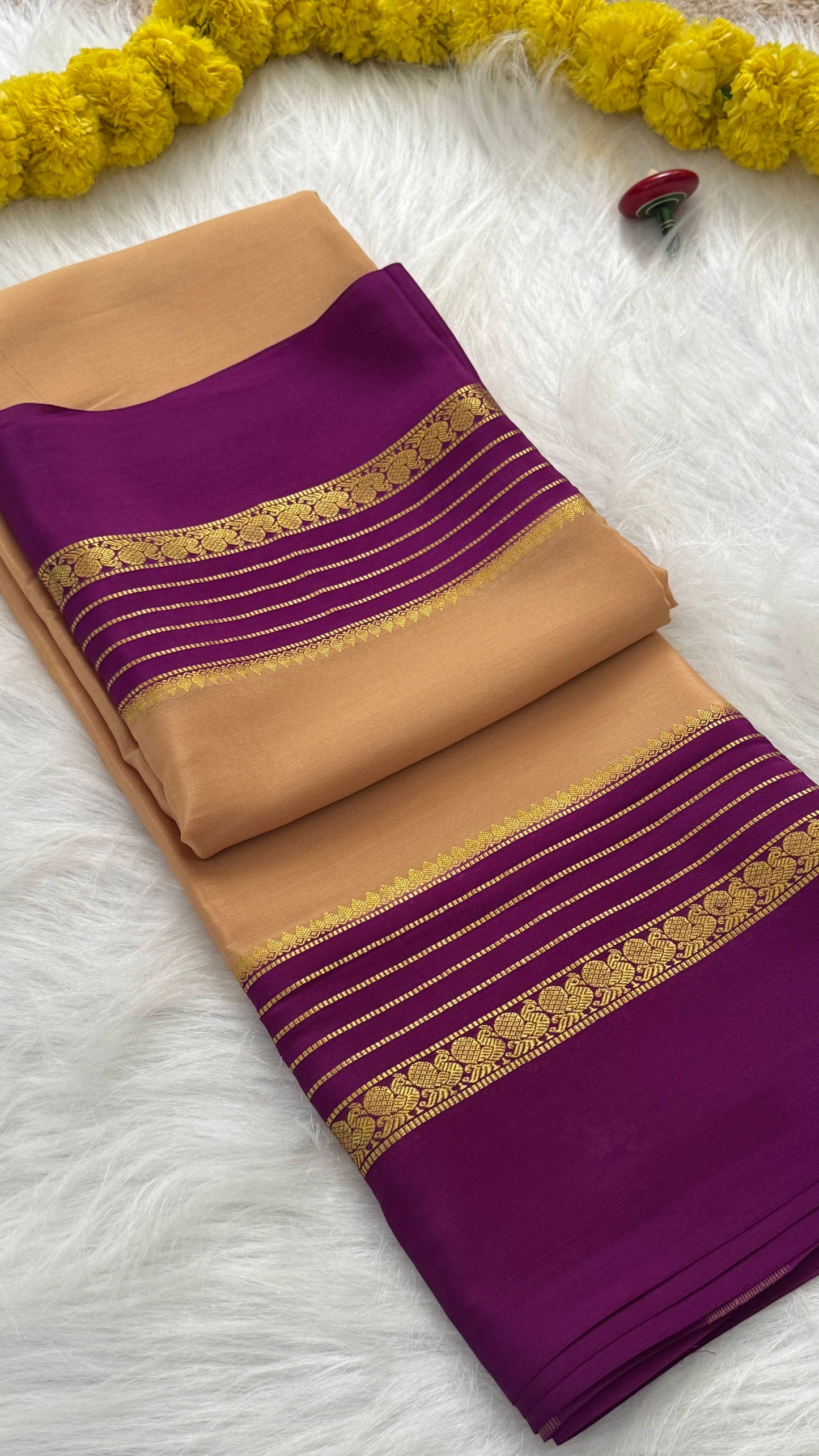 Mysore Silk Saree - Beige and Purple Peacock Boarder