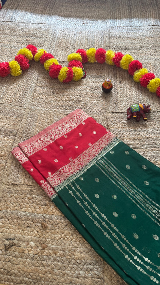 Semi Silk Sarees Rapier Silk - Dark Green and Red