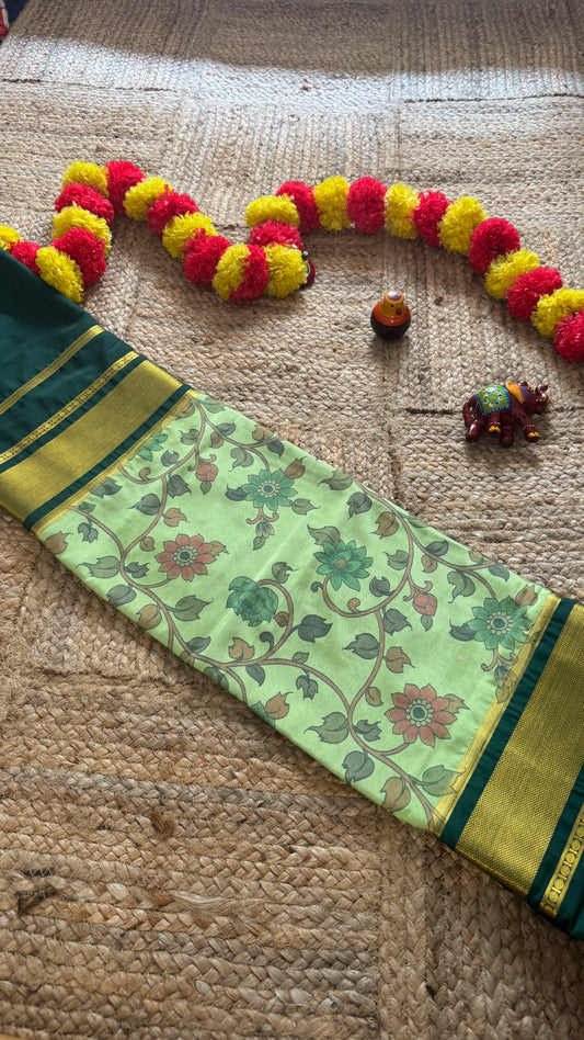 Semi Silk Sarees with Kalamkari - Dark Green and Light Green