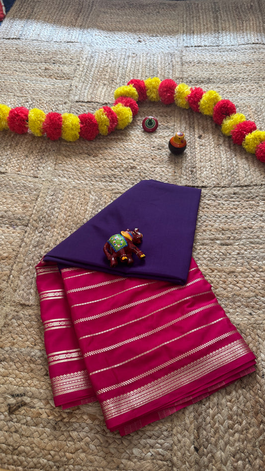 Semi Silk Sarees with Stripes - Purple and Rani Pink