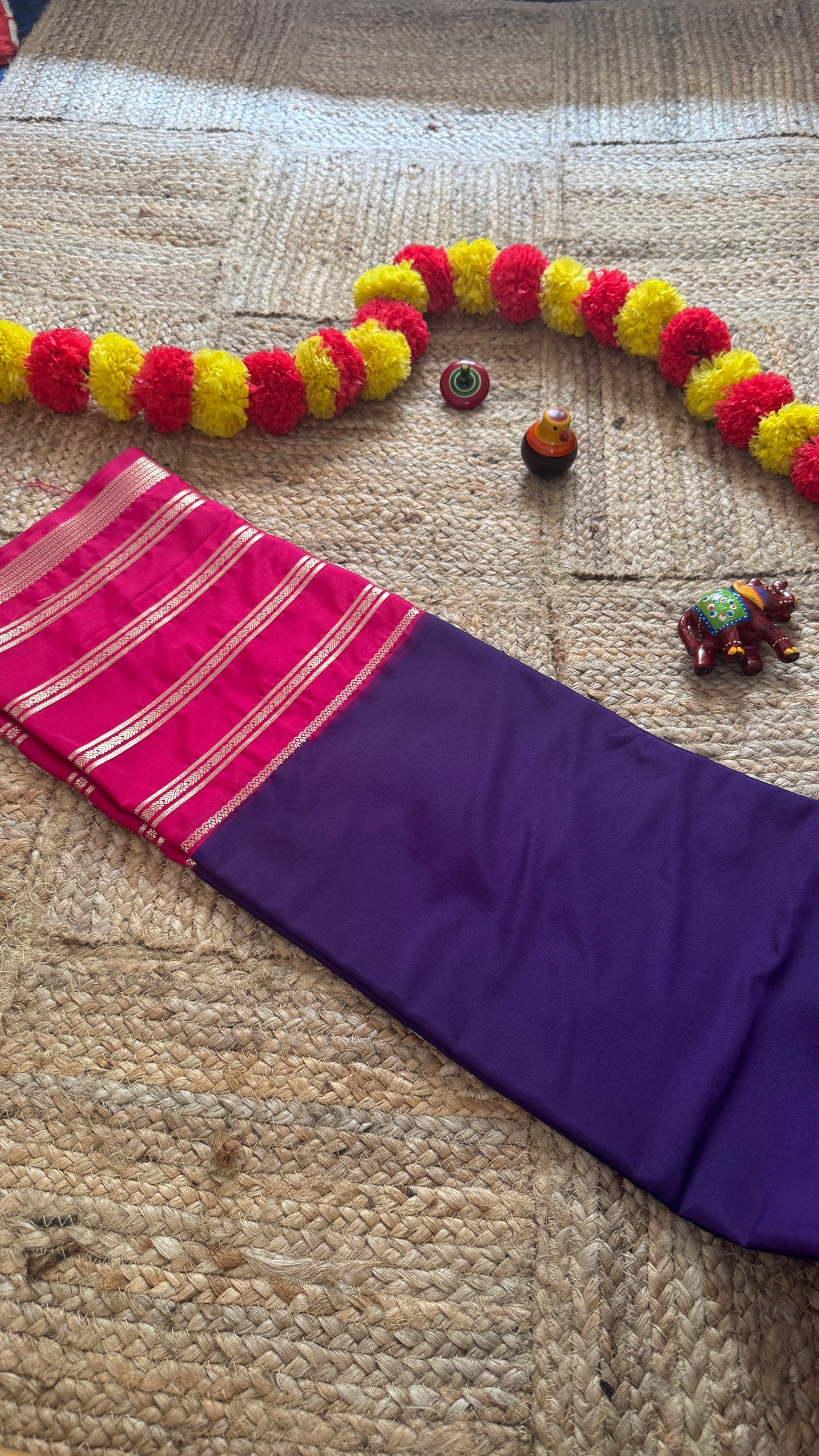 Semi Silk Sarees with Stripes - Purple and Rani Pink