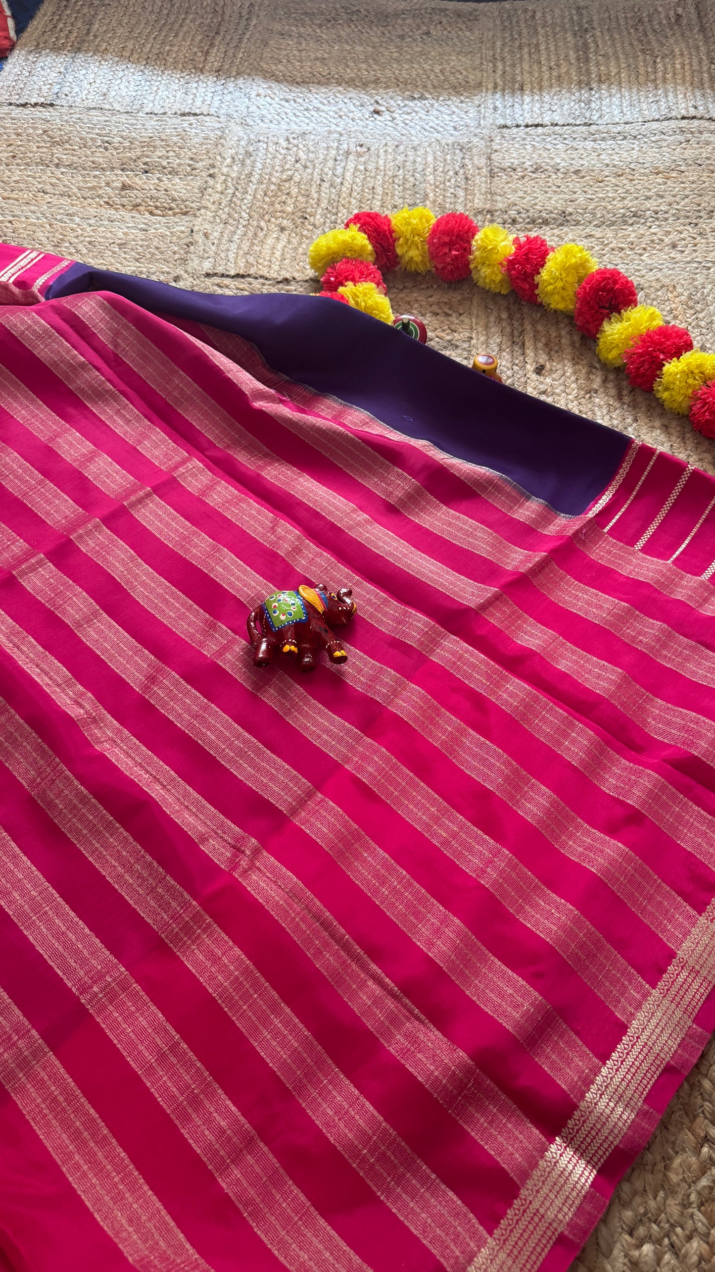 Semi Silk Sarees with Stripes - Purple and Rani Pink