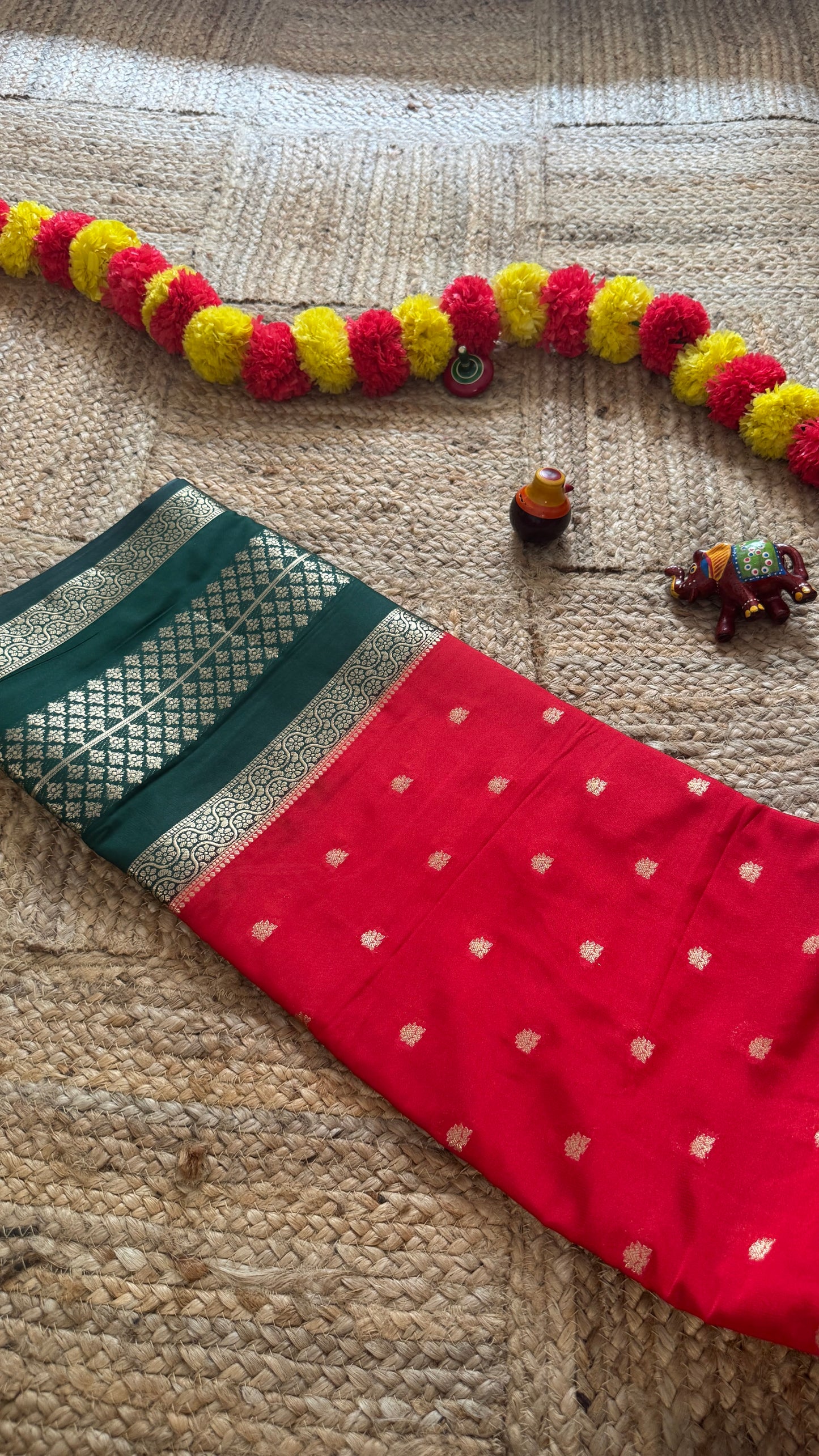Semi Silk Butta Saree - Red and Green