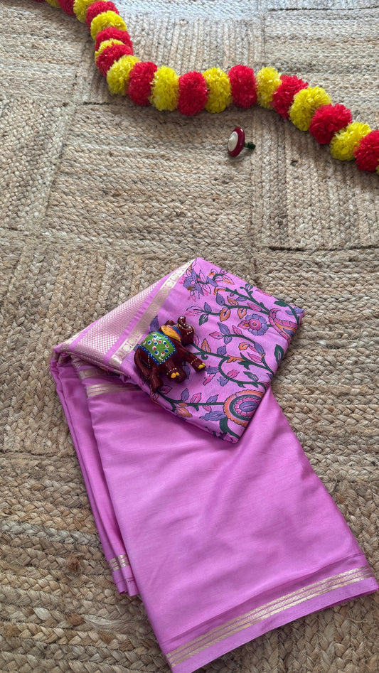 Semi Silk Kalamkari Print Saree - Pink1