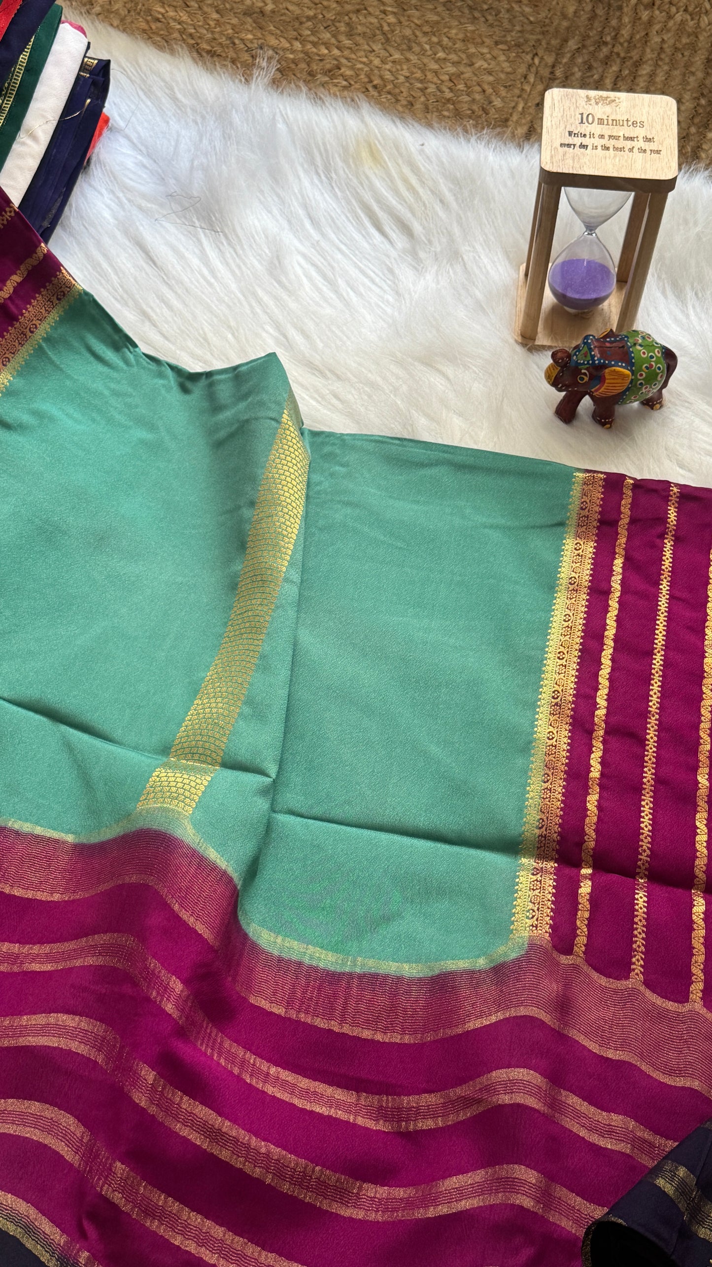 Semi Mysore Silk Saree - 3D Pattern - Dark Blue, Maroon & Turquoise