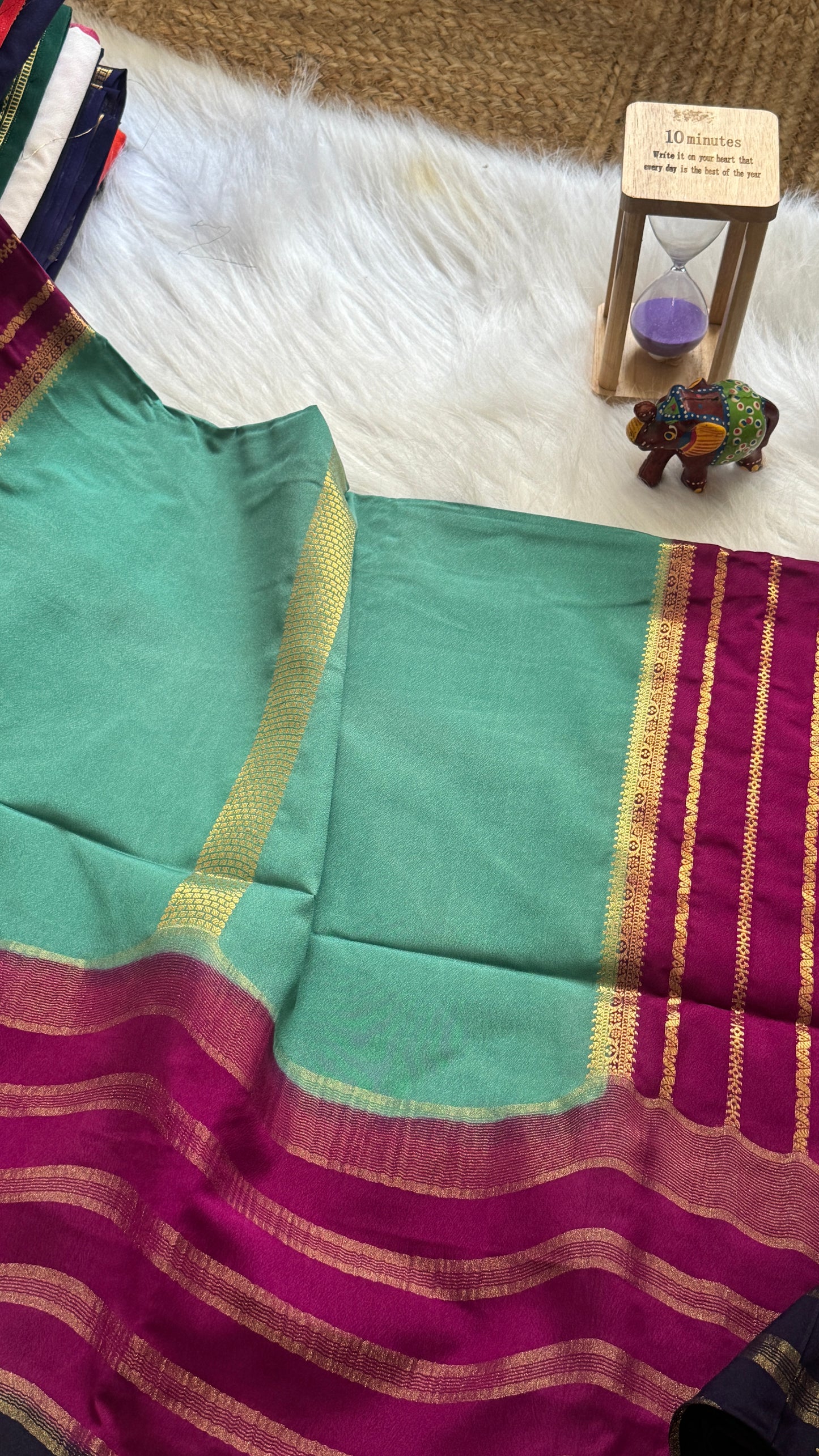 Semi Mysore Silk Saree - 3D Pattern - Dark Blue, Maroon & Turquoise