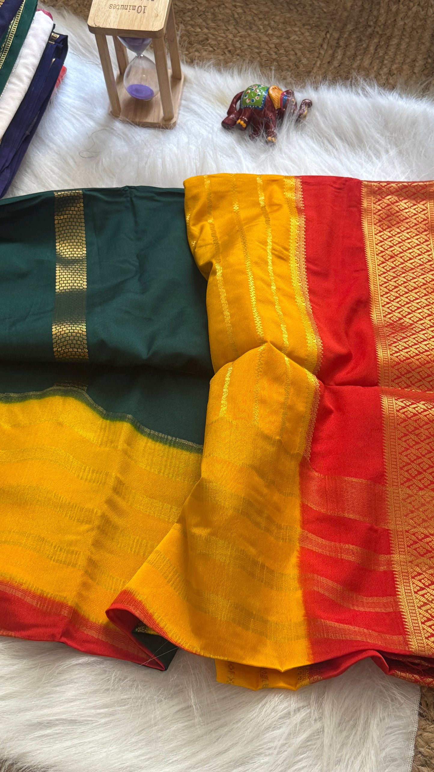 Semi Mysore Silk Saree - 3D Pattern - Red, Yellow and Dark Green