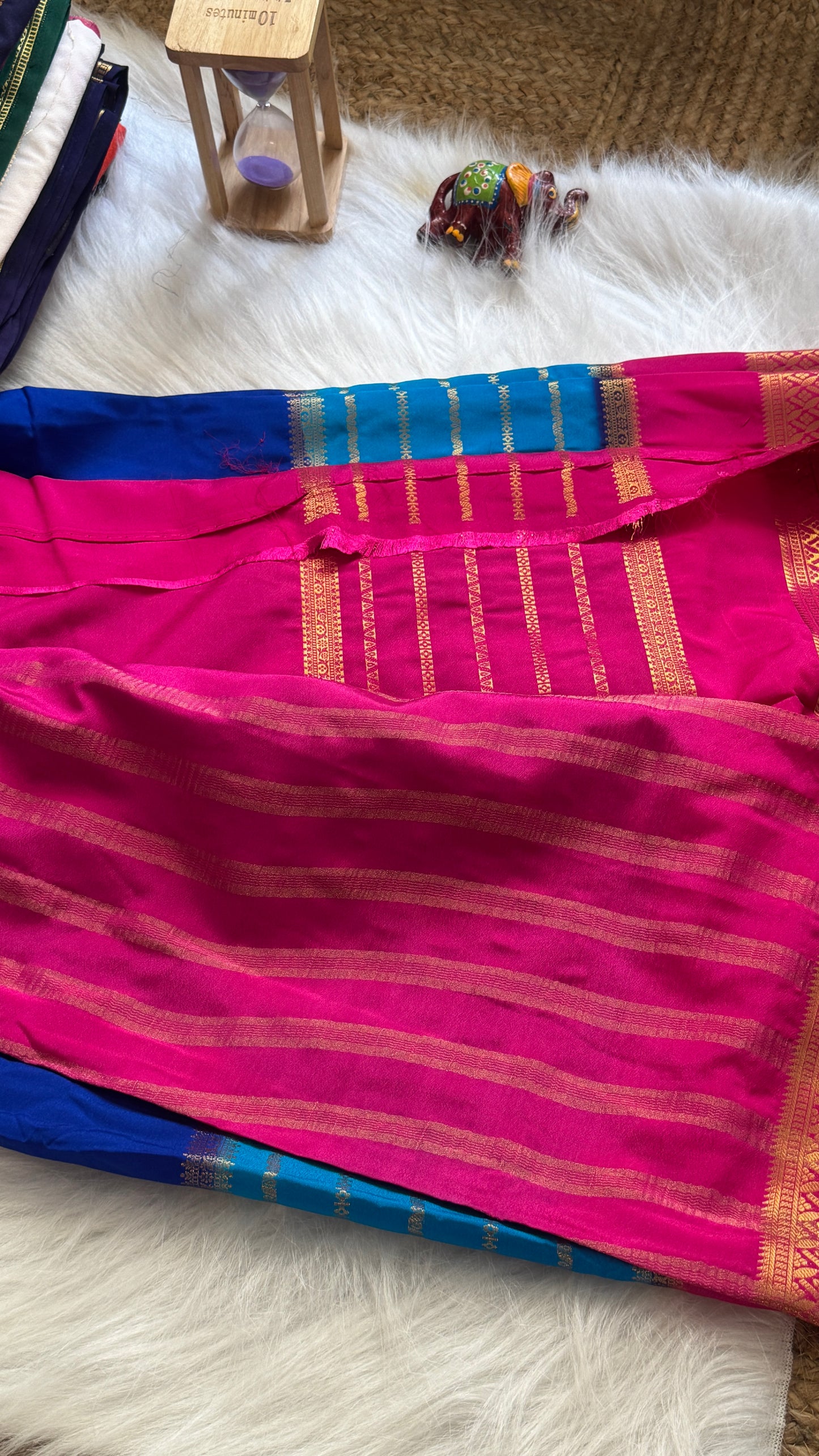 Semi Mysore Silk Saree - 3D Pattern - Pink, Sky Blue and Royal Blue