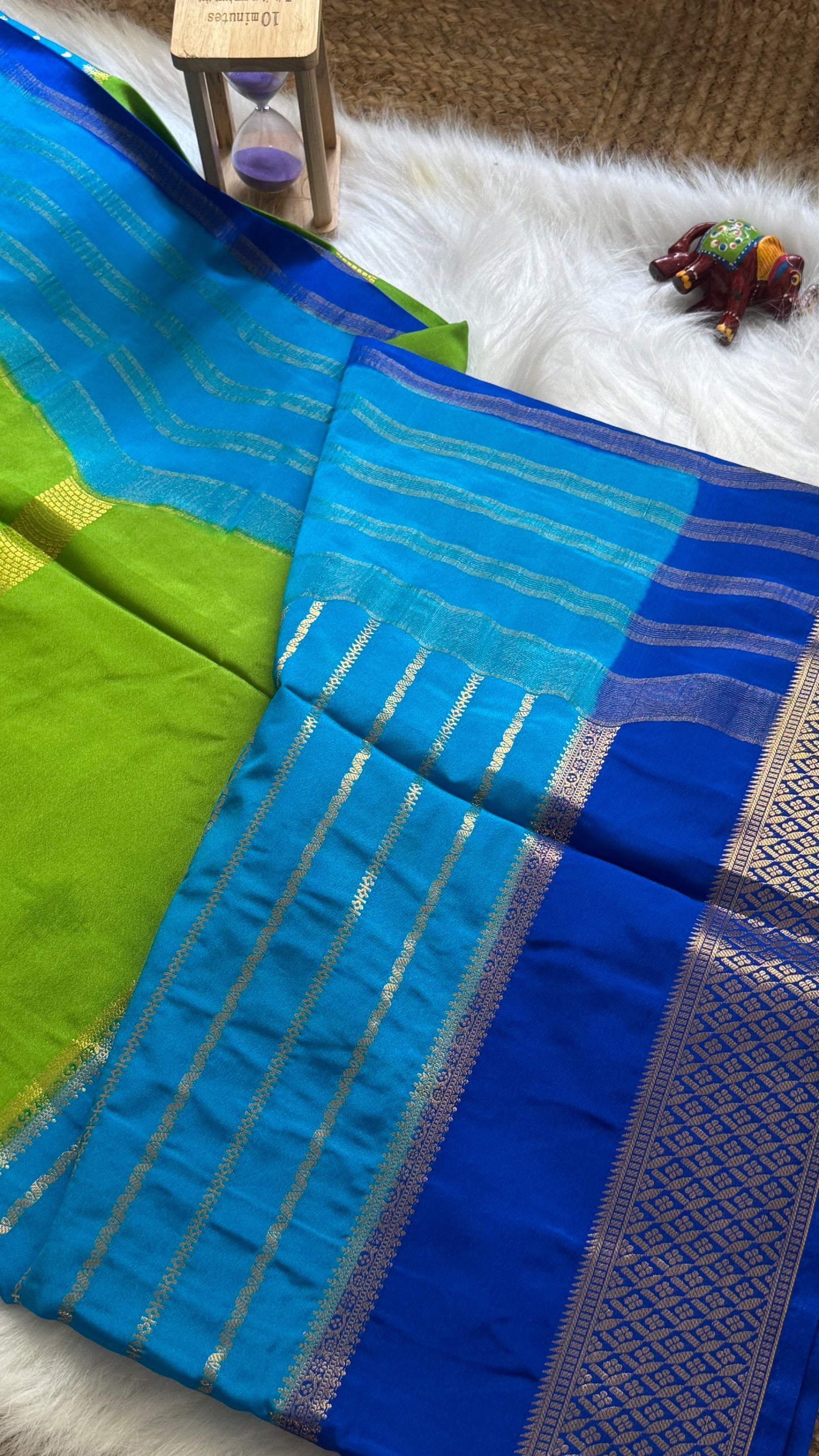 Semi Mysore Silk Saree - 3D Pattern - Navy Blue, Blue and Peacock Green
