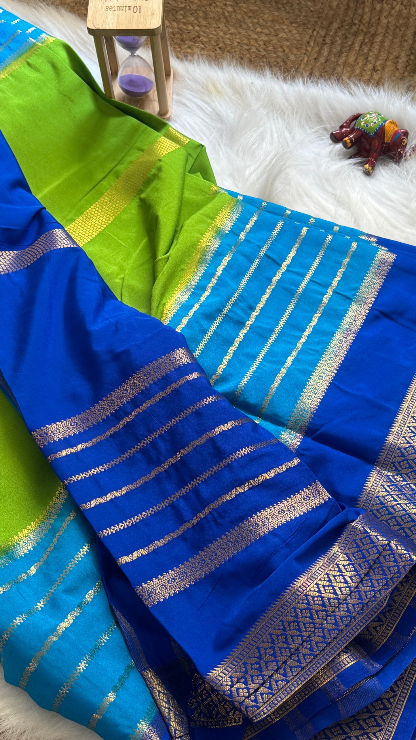 Semi Mysore Silk Saree - 3D Pattern - Navy Blue, Blue and Peacock Green