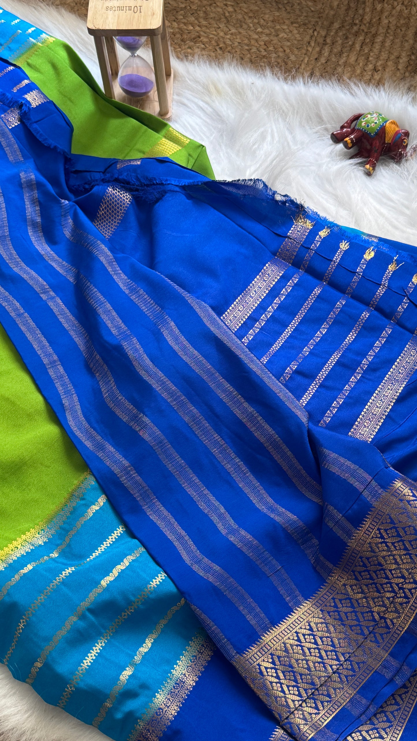 Semi Mysore Silk Saree - 3D Pattern - Navy Blue, Blue and Peacock Green