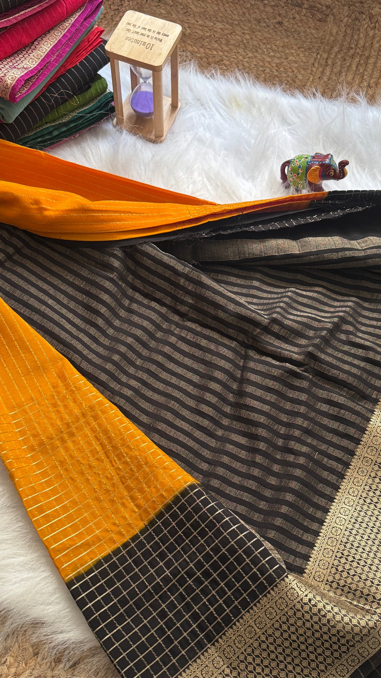 Semi Mysore Silk Saree - Checks and Stripes - Orange and Black
