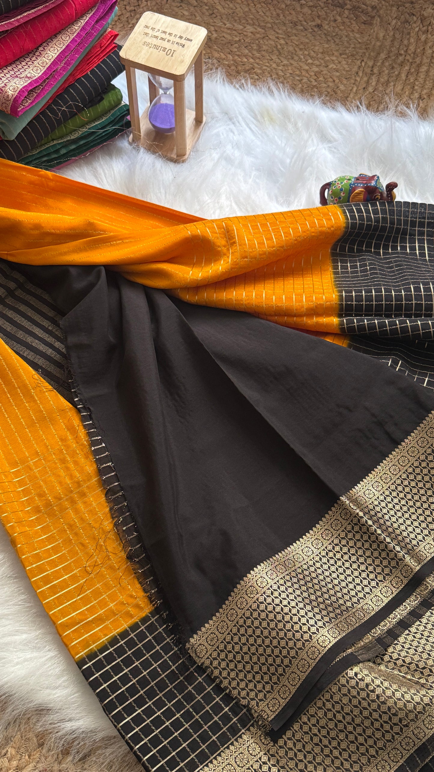 Semi Mysore Silk Saree - Checks and Stripes - Orange and Black