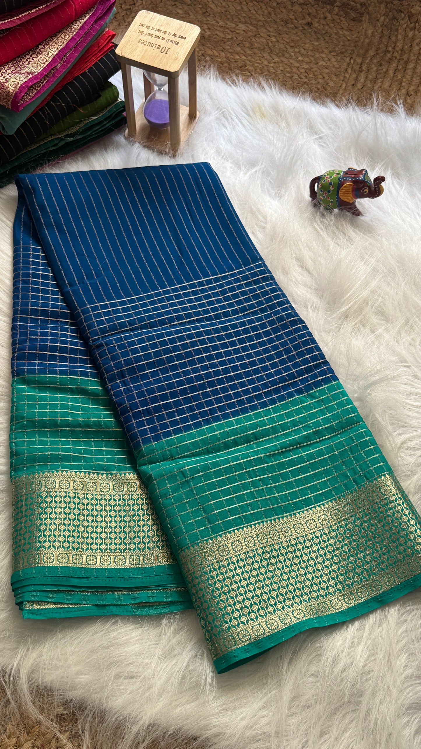 Semi Mysore Silk Saree - Checks and Stripes - Navy Blue and Green