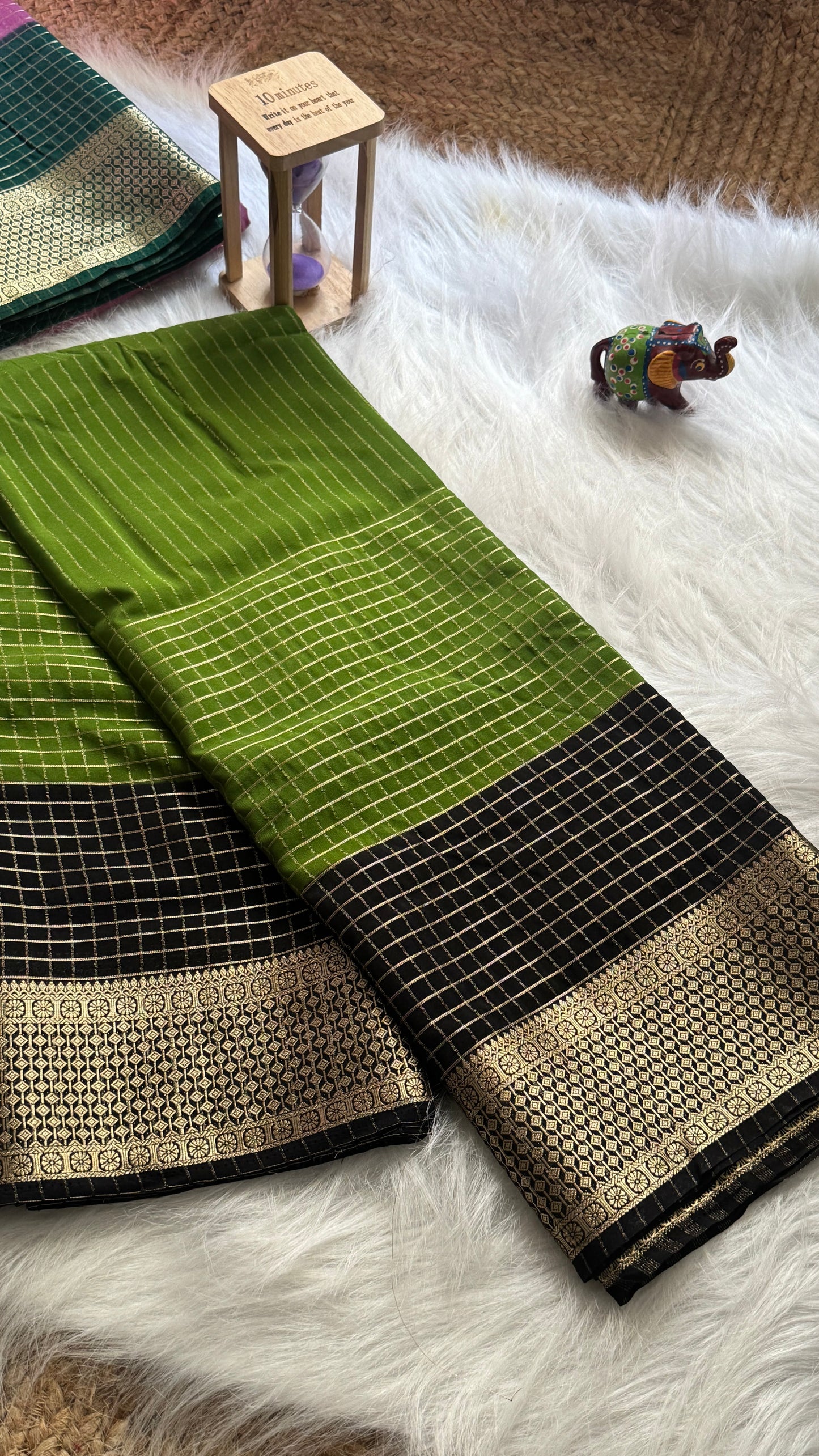 Semi Mysore Silk Saree - Checks and Stripes - Green and Black