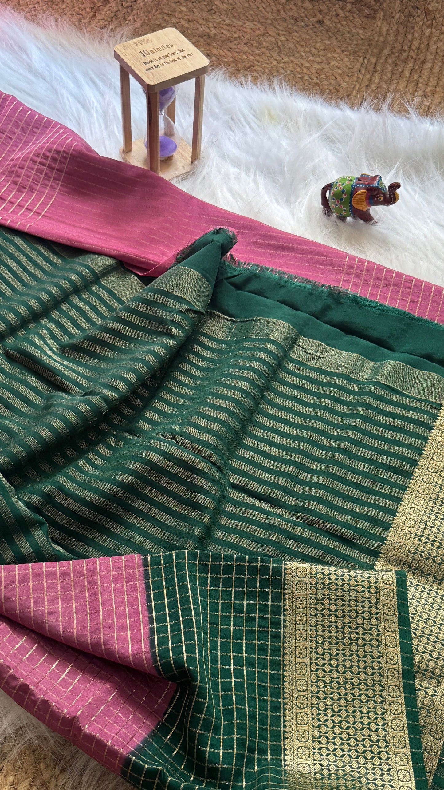 Semi Mysore Silk Saree - Checks and Stripes - Pink (Rose) and Green