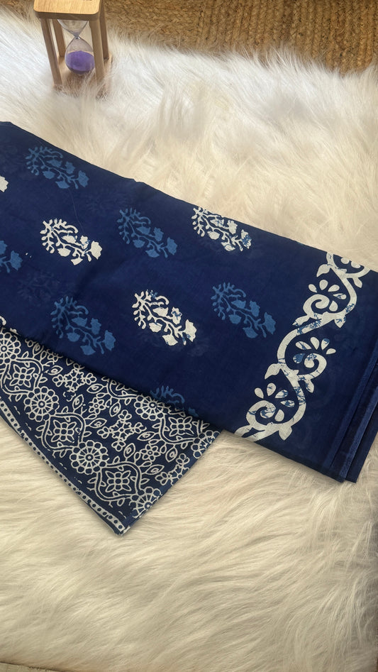 Mul Mul Cotton Sarees - Blue and White