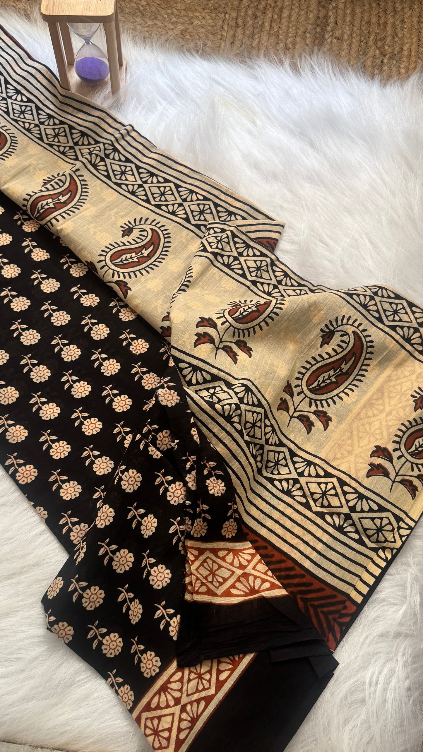 Mul Mul Cotton Sarees - Black and Beige