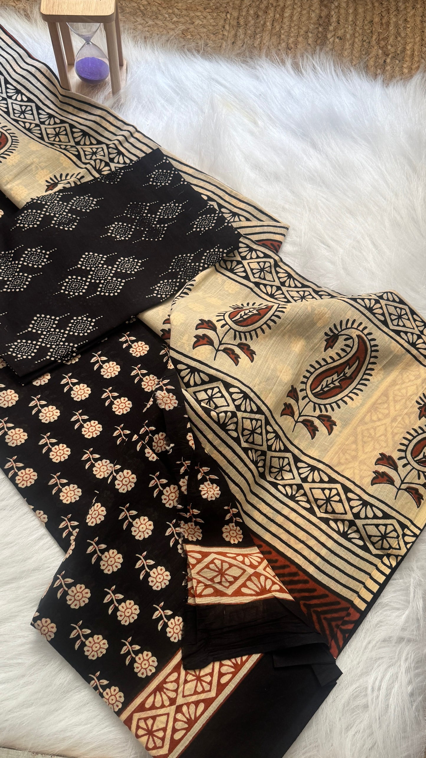 Mul Mul Cotton Sarees - Black and Beige