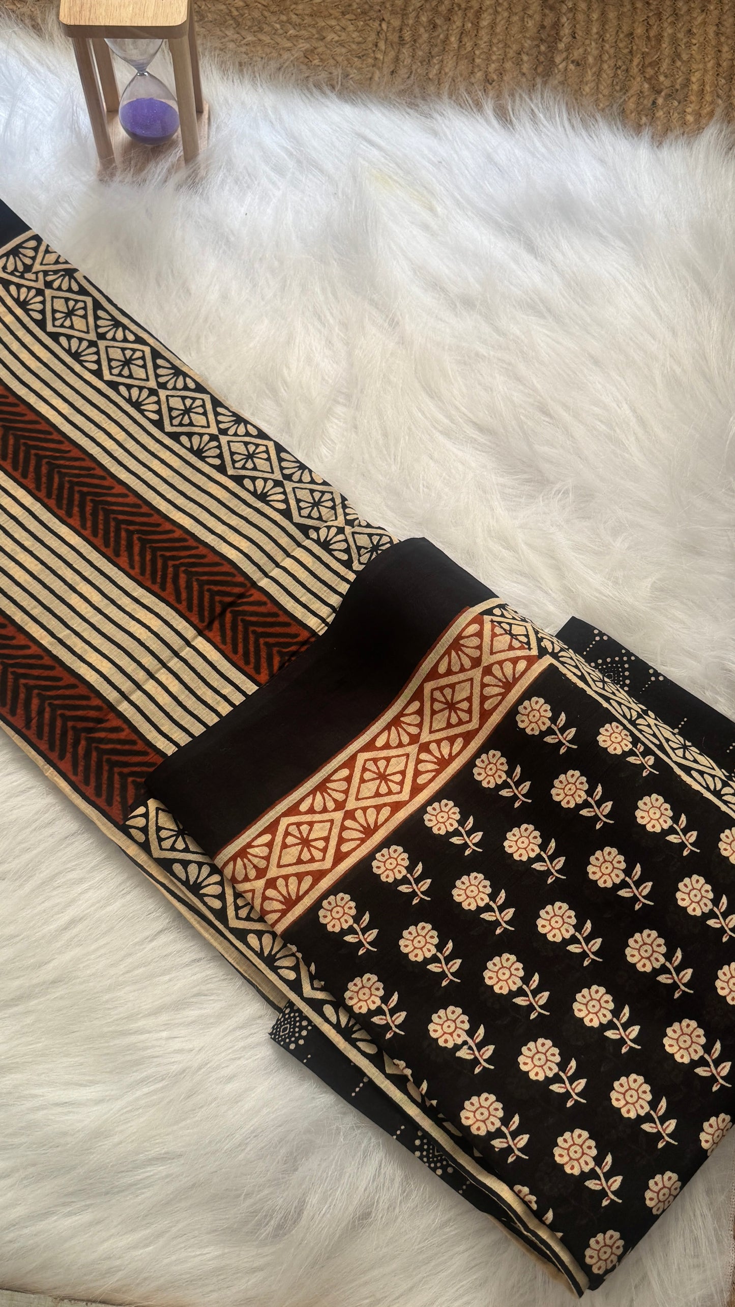 Mul Mul Cotton Sarees - Black and Beige