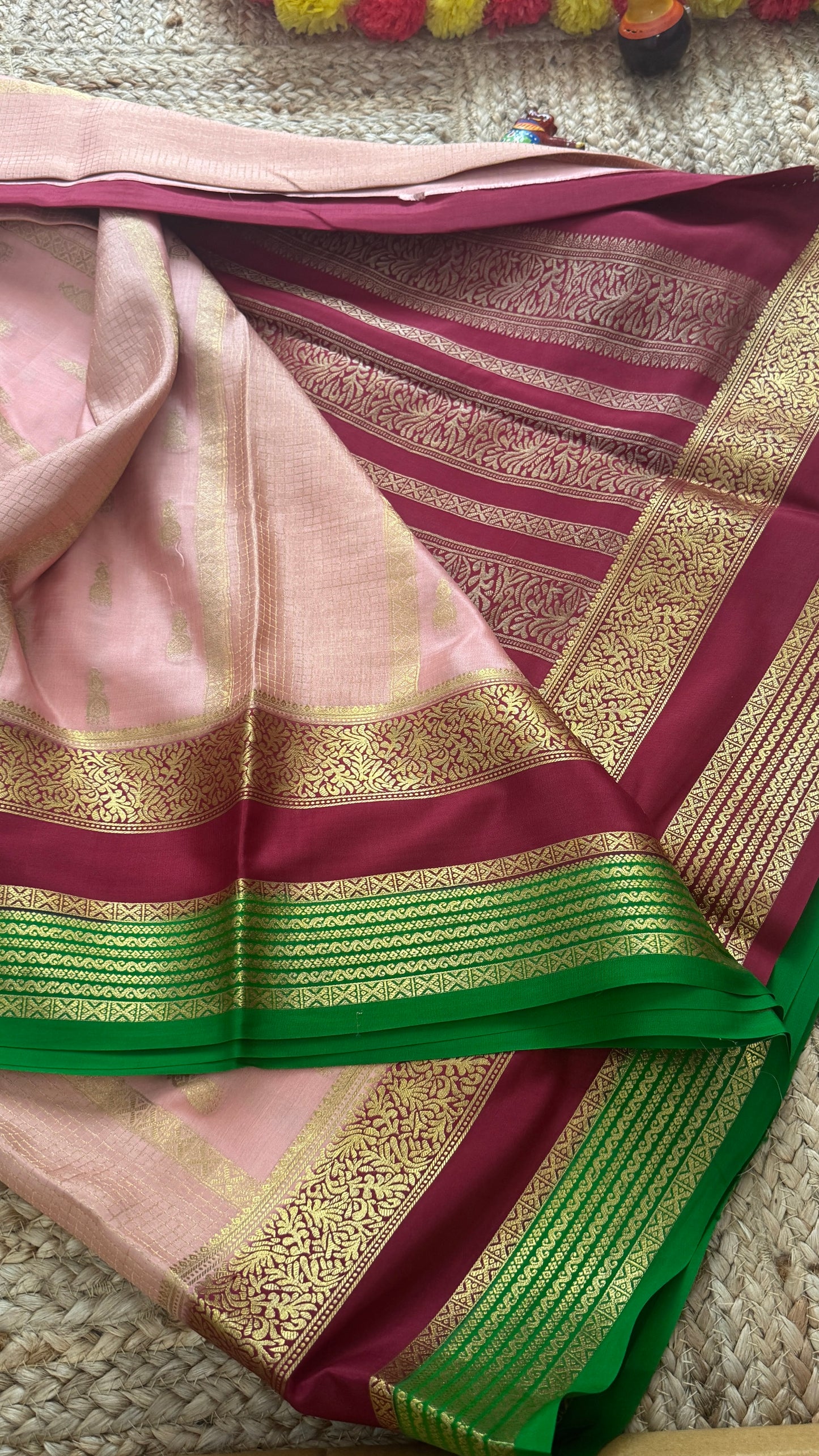 Pure Mysore Silk Saree - Jhumka Zari 3D Light Pink Maroon and Green