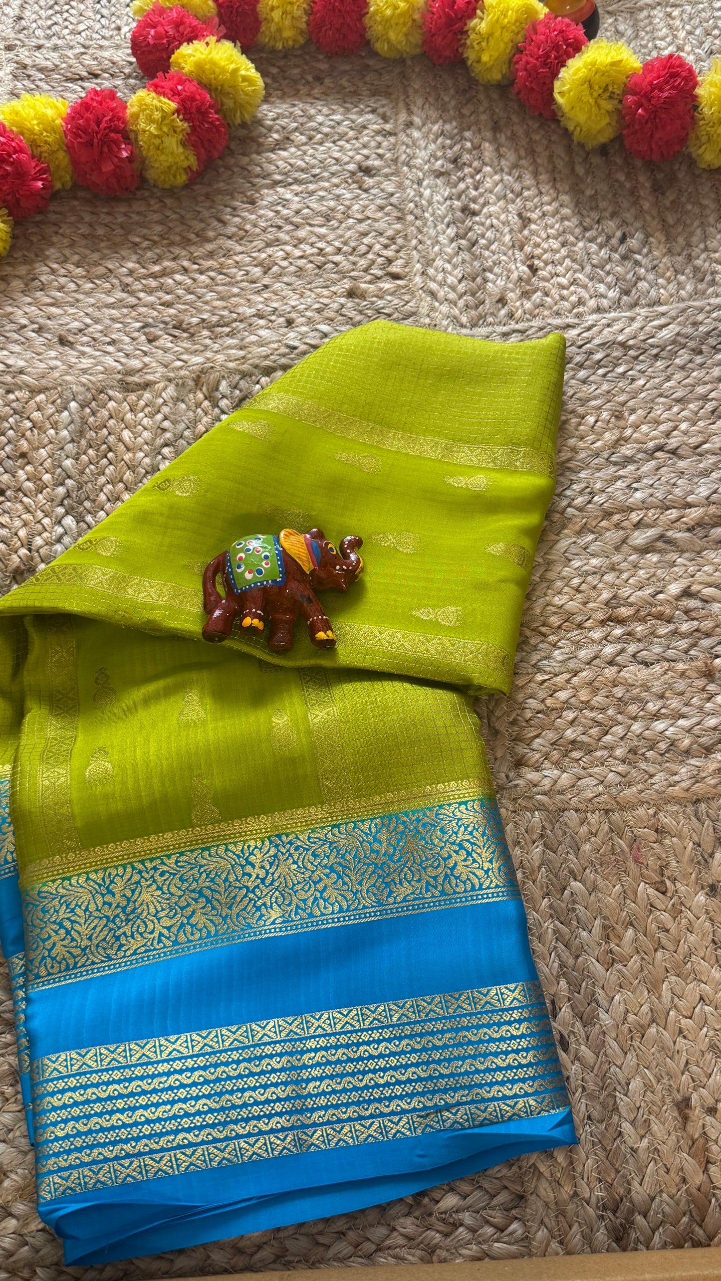 Pure Mysore Silk Saree - Jhumka Zari 2D Parrot Green and Blue