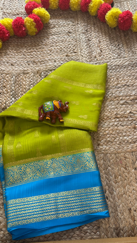 Pure Mysore Silk Saree - Jhumka Zari 2D Parrot Green and Blue