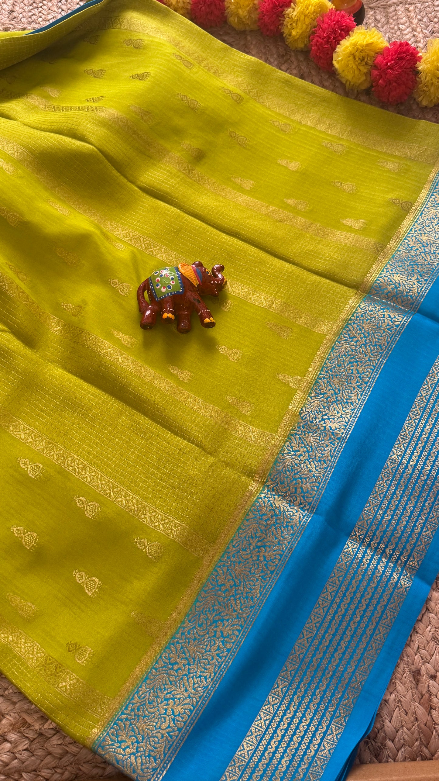 Pure Mysore Silk Saree - Jhumka Zari 2D Parrot Green and Blue