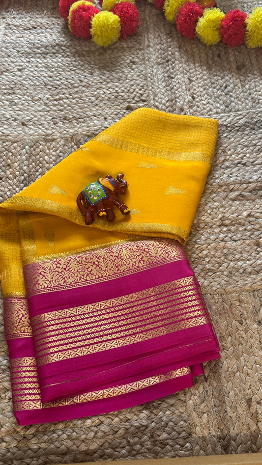 Pure Mysore Silk Saree - Jhumka Zari 2D Yellow and Pink