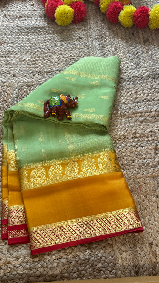 Pure Mysore Silk Saree - Jhumka Zari 3D Pista Green Mustard and Pink