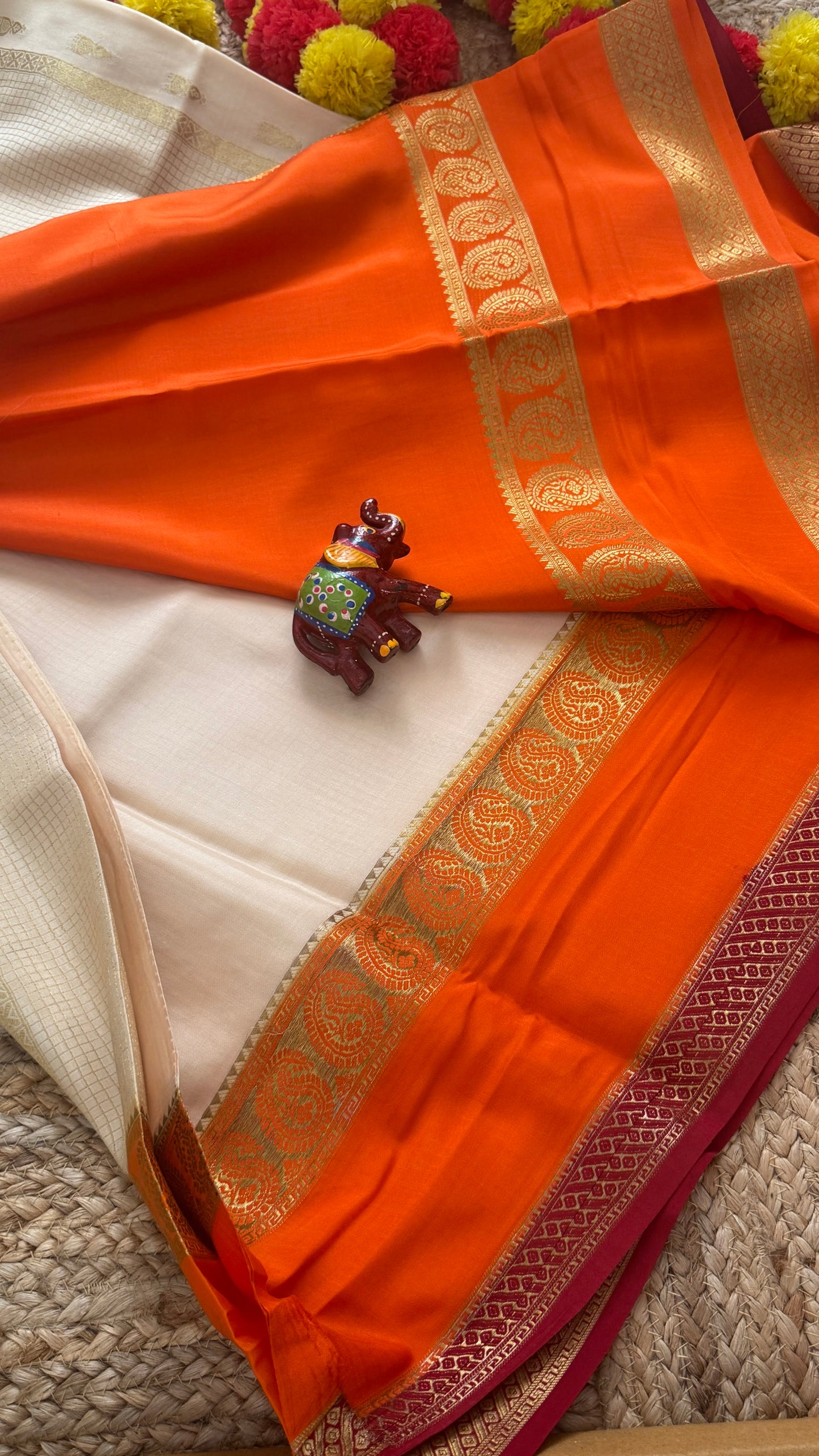 Pure Mysore Silk Saree - Jhumka Zari 3D Off White Orange and Maroon
