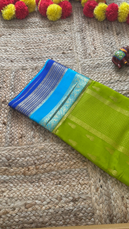 Pure Mysore Silk Saree - Jhumka Zari 3D Parrot Green Sky Blue and Navy Blue