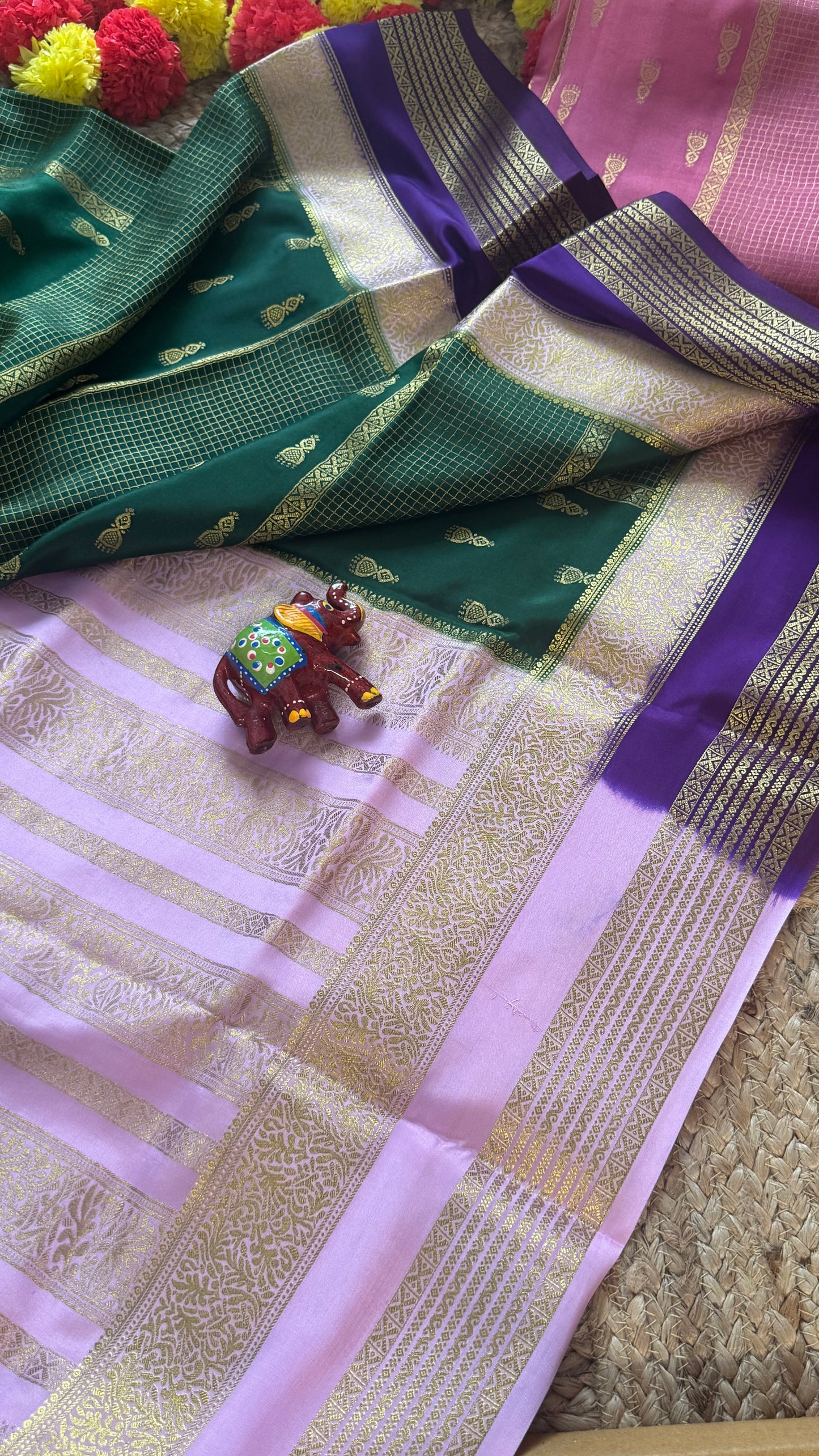 Pure Mysore Silk Saree - Jhumka Zari 3D Dark Green Pink and Purple