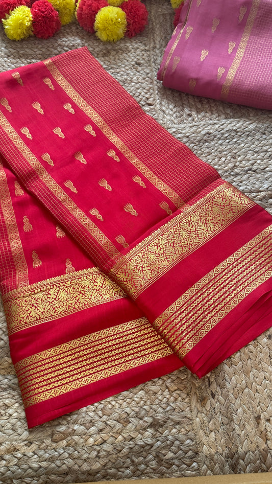 Pure Mysore Silk Saree - Jhumka Zari Solid Red