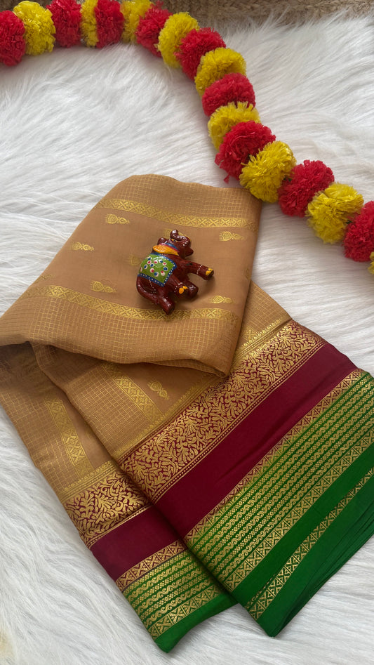 Pure Mysore Silk Saree - Jhumka Zari 3D Beige Maroon and Green