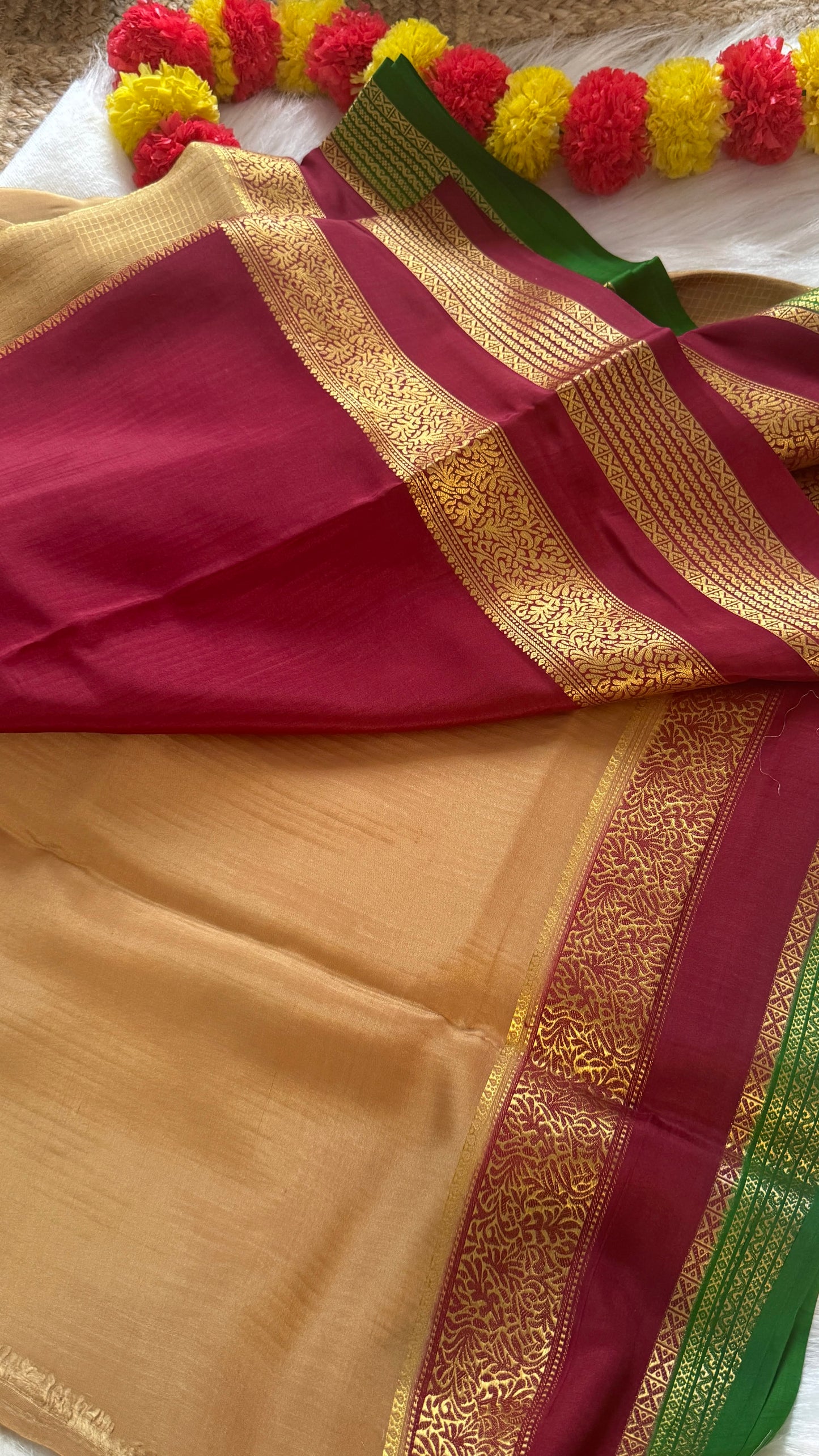Pure Mysore Silk Saree - Jhumka Zari 3D Beige Maroon and Green