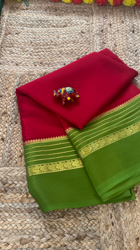 Mysore Silk Saree - Dark Pink and Light Green Peacock Boarder