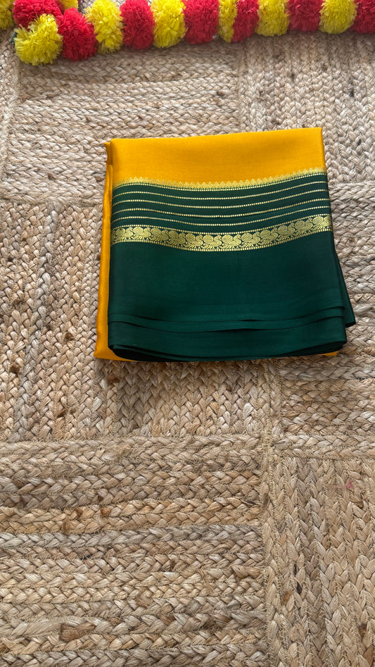 Mysore Silk Saree - Mustard Yellow and Green Peacock Boarder