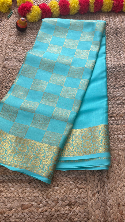 Pure Mysore Silk Saree - Bespoke - Light Blue half n half - Mysuru - 05
