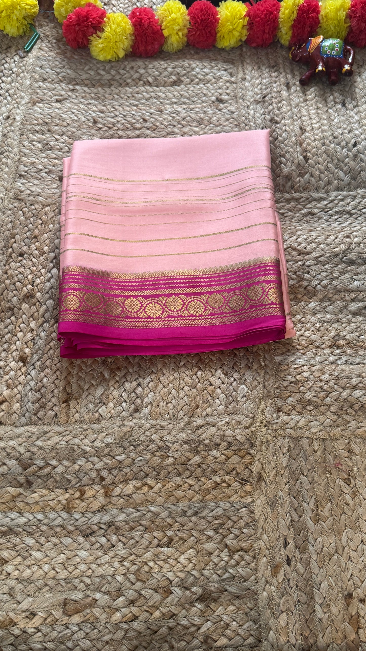 Pure Mysore Silk | Bespoke - Weft Line Pink Saree - Mysuru - 05
