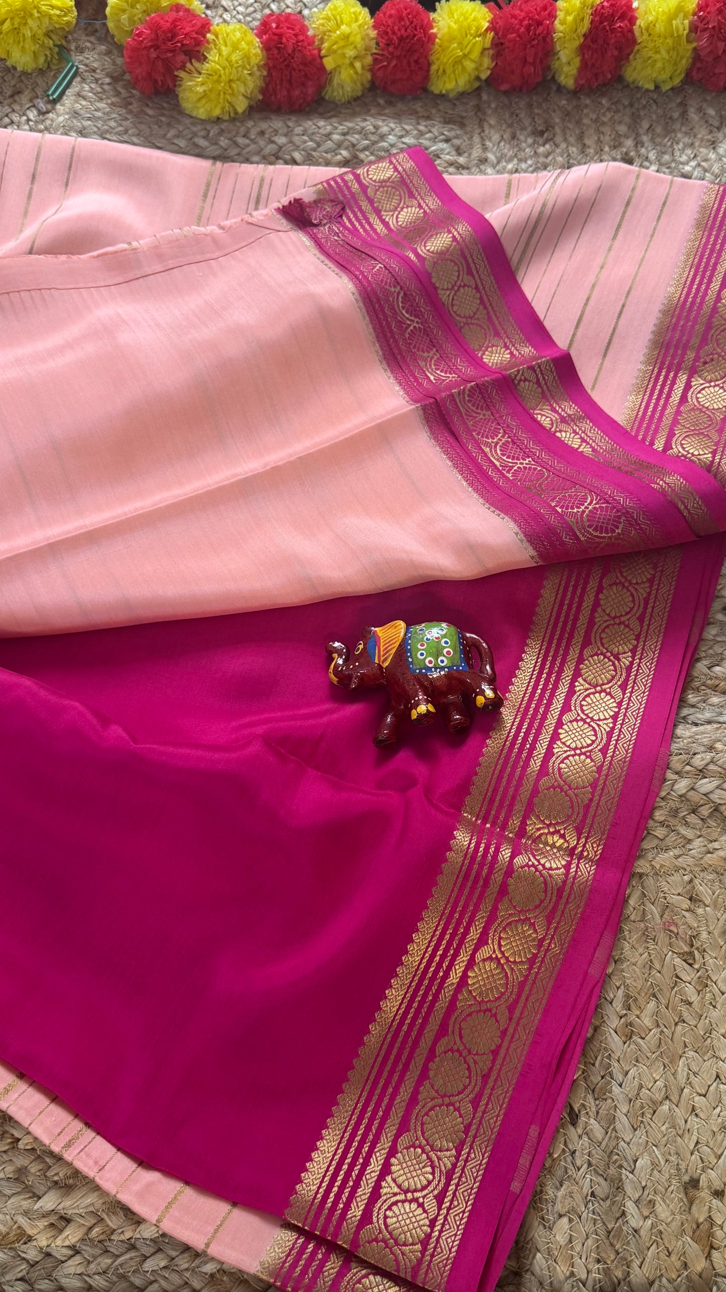 Pure Mysore Silk | Bespoke - Weft Line Pink Saree - Mysuru - 05