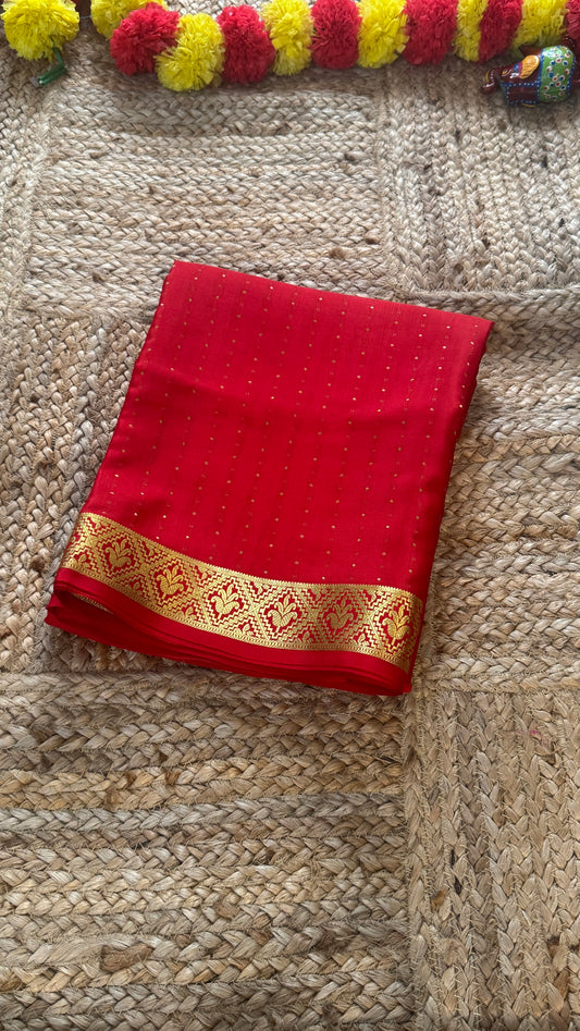 Pure Mysore Silk | Bespoke - Weft Line Red Saree - Mysuru - 05