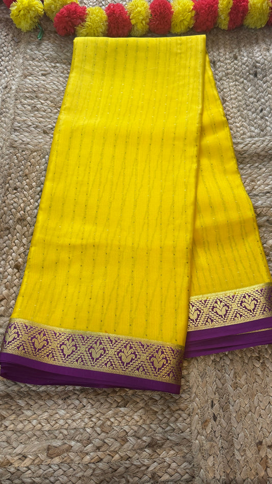 Pure Mysore Silk | Bespoke - Weft Line Yellow n Purple Saree - Mysuru - 05