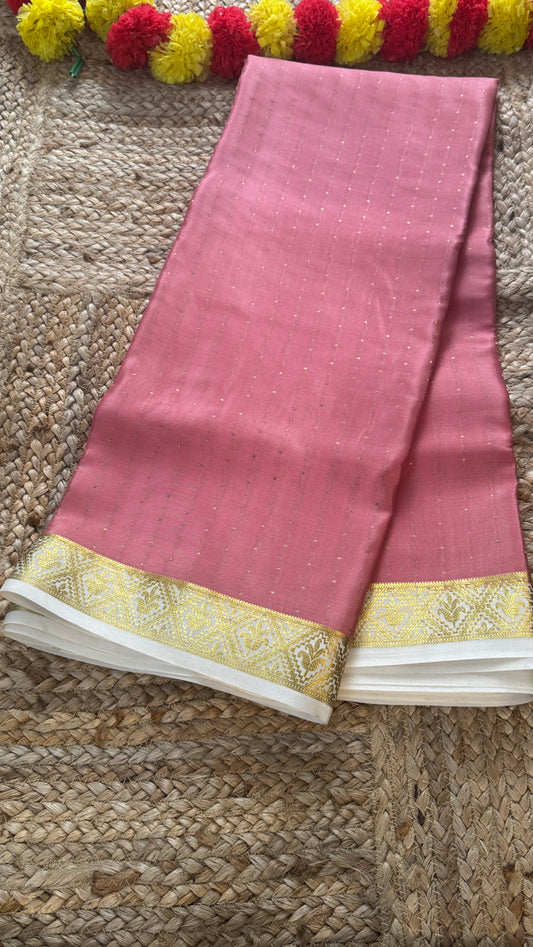 Pure Mysore Silk | Bespoke - Weft Line Mauve n White Saree - Mysuru - 05